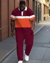 Red Colorblock Chest Logo Jacquard Casual Polo Shirt Trousers Suit Men's Plus Size
